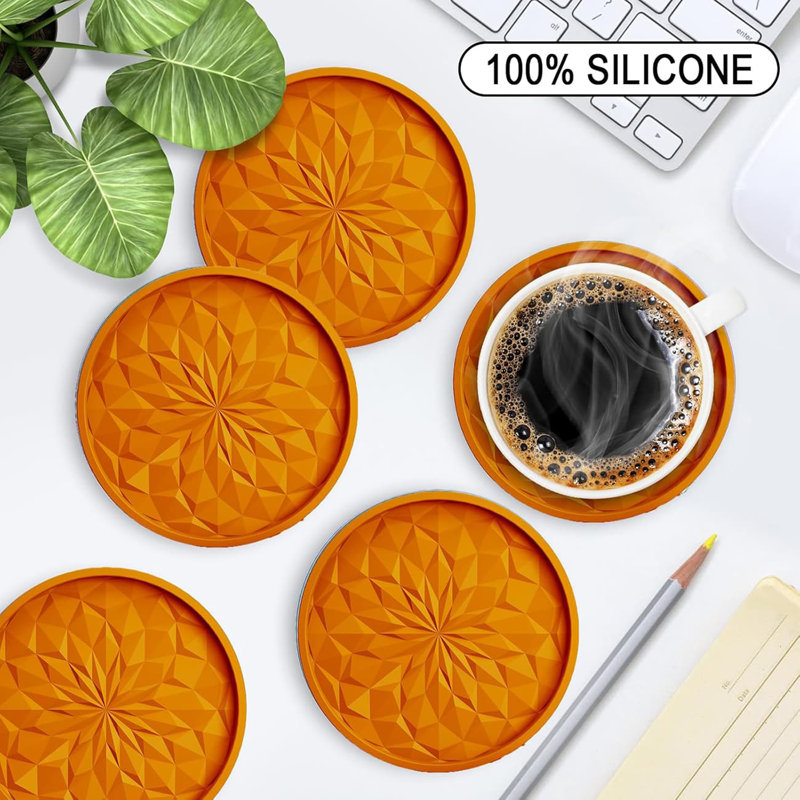 3.9" 6-Pack Orange Silicone Coasters with Holder - Non-Slip Drink Mat, Orange