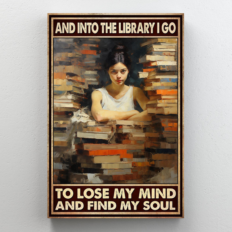 Livres et une bibliothèque sur toile, H 36 po x l 24 po x P 1,25 po