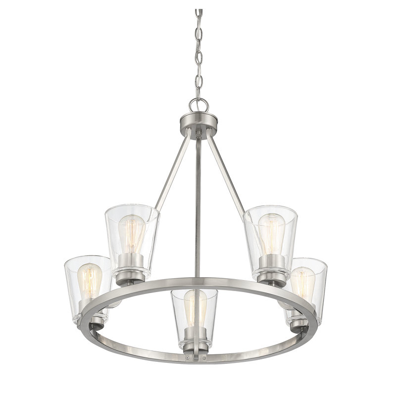 Macklin 5-Light Shaded Wagon Wheel Chandelier in Satin Nickel, Satin Nickel