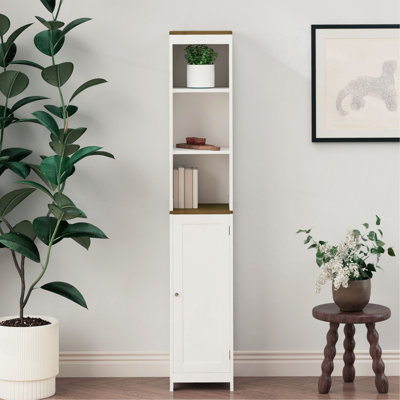 Armoire de rangement haute pour salle de bain avec porte réversible, tour à linge autoportante avec tablettes ouvertes et armoire fermée, armoire de rangement étroite pour salle de bain, salle de lavage ou petits espaces - blanc