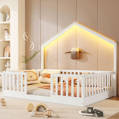 Lit double surélevé avec rails hauts, lit Montessori en bois avec lumière