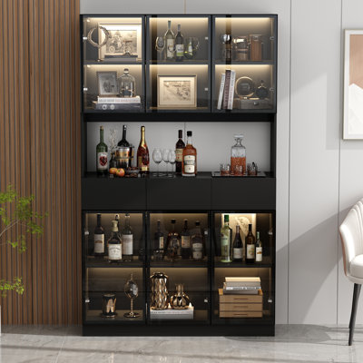 Armoire à huche, huche de cuisine avec lumière, armoire sur îlot de rangement, desserte avec 3 grands tiroirs, 6 portes et 1 tablette ouverte