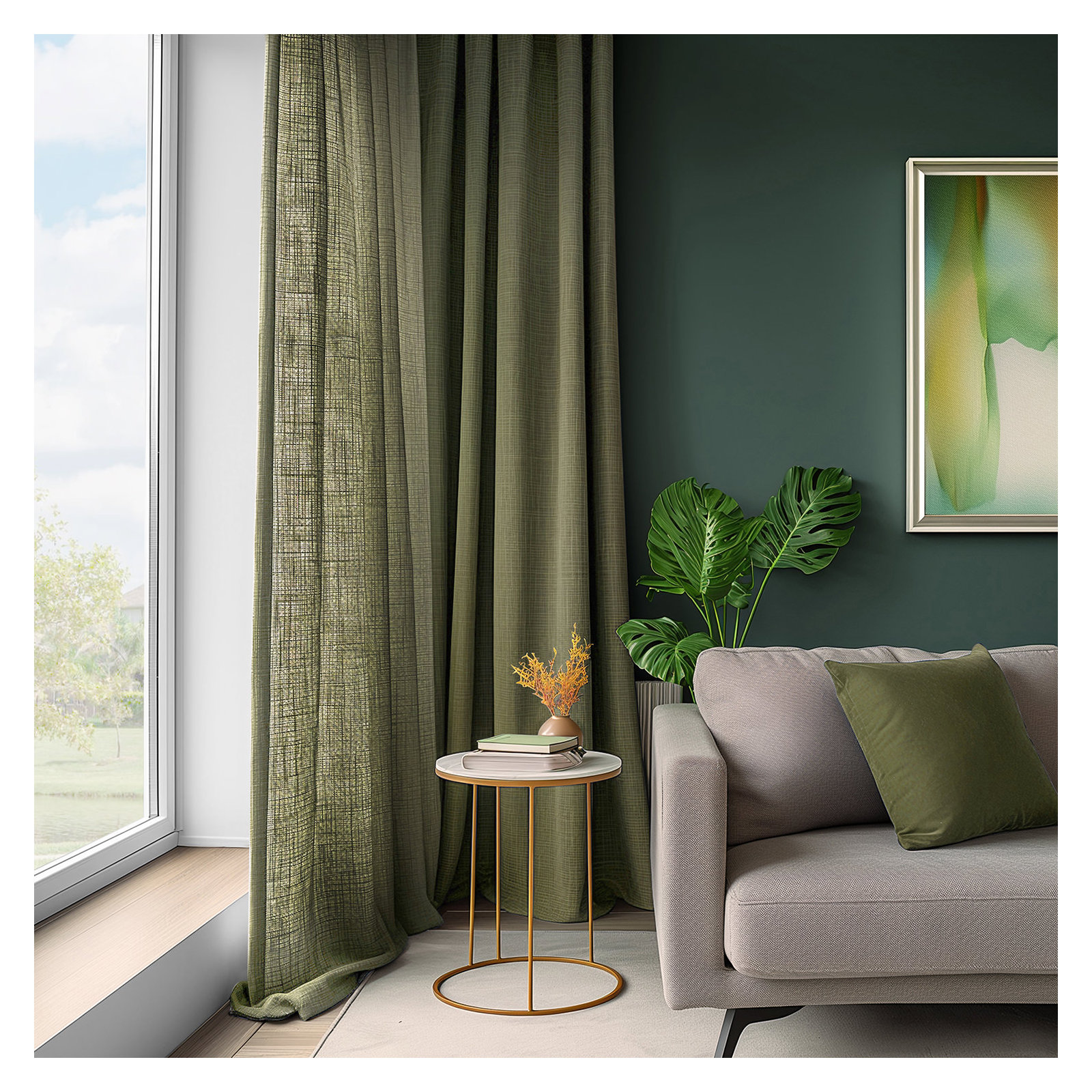 Farmbry Simply Faux Linen Curtains Pair - 2 Panels - Light Filtering Window Curtains, 50" W x 108" L, Green
