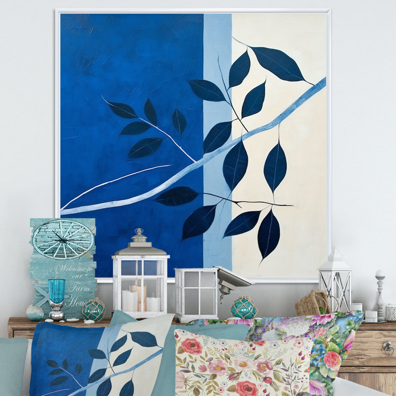 Silhouette de feuilles bleues saphir II, Cadre flottant blanc, H 24 po x l 24 po x P 1 po