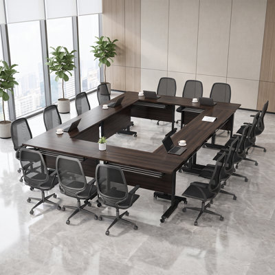 Ensemble de 2 tables de conférence pliantes mobiles de 120 cm (47,24 po), en bois d'ingénierie, avec plateau rabattable, roulettes verrouillables, panneaux de confidentialité et étagères de rangement, fini noyer.