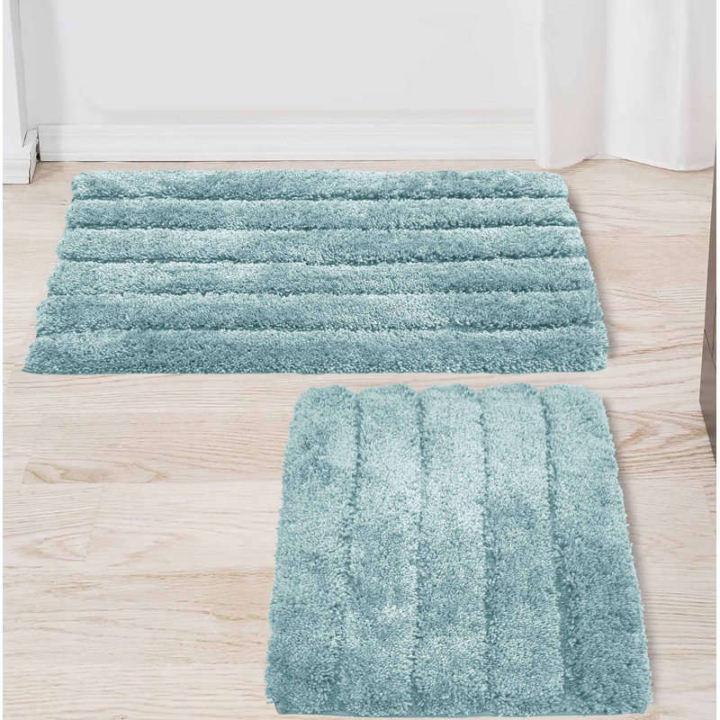 2 Piece Bath Mat Set - Ivory Solid Striped Bathroom Mat Soft Plush Thick, Bleu