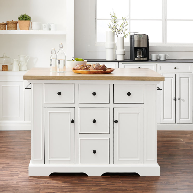 Diamondback Solid Wood Top Kitchen Island with Spice Rack, White, Natural Wood