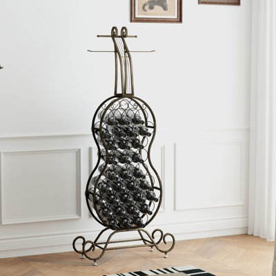 Étagère à vin rustique en or, design de violoncelle, métal brun antique, économise de l'espace dans la maison, organisateur de rangement pour boissons alcoolisées, forme, accent, espace repas dans la cuisine