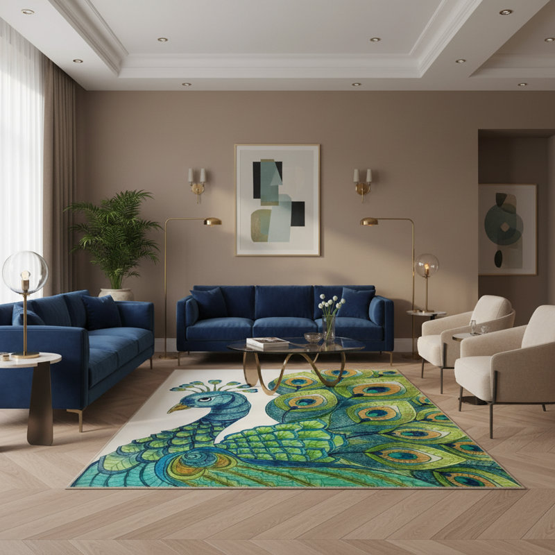 Tapis décoratif à motif paon, Rectangle 5 pi x 9 pi 11 po