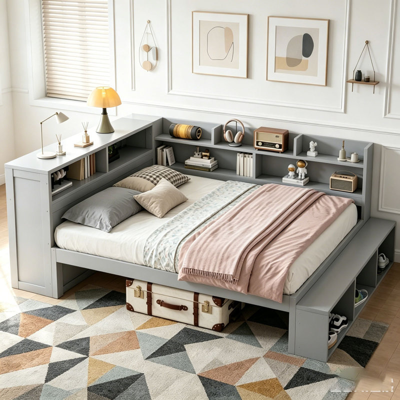 Lit de jour double avec armoires de rangement, armoire à chaussures et ports USB, Gris