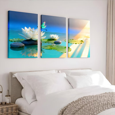 Nénuphar et libellule, scène naturelle sur toile tendue, ensemble de 3 reproductions de peintures à l'huile