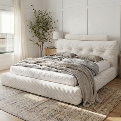 Cloud Corduroy Bed Frame, Soft Upholstered Platform Bed with Thick Padded Headboard & Bolster Pillow, Cloud-Like Cozy Comfort & Easy Assembly