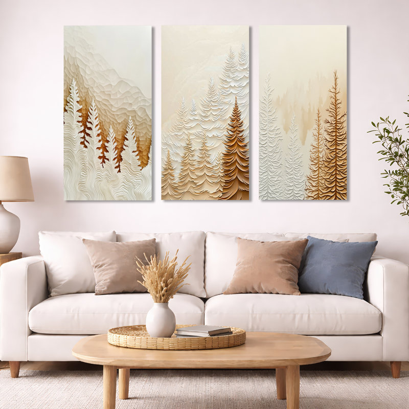 Mist Over the Pines Autumn Forest - White Landscape, art mural 3 pièces, H 40 po x l 60 po, Toile tendue