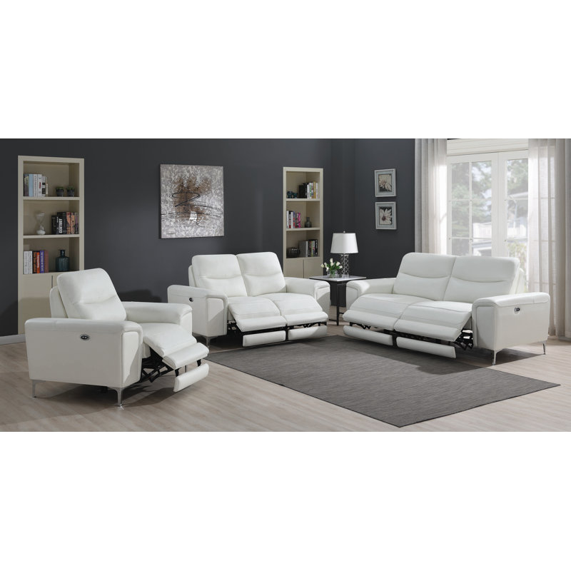 Canapé inclinable à accoudoirs carrés en cuir véritable 87 po Hachi, Cuir véritable blanc