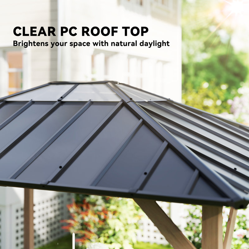 10' x 12' Hardtop Gazebo with Galvanized Steel Roof, Wood Permanent Pavilion Canopy Shelter with Clear Roof Top, UPF50+ Protection, Ceiling Hooks for Lawn, Backyard, Deck, Light Walnut
