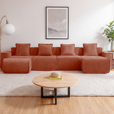 Streamlined Design Modular 4-Seater U-Shape Sectional Boneless Sofa with French Edge Piping, No Assembly Required Velvet Couch with Throw Pillows and 2 Movable Ottomans