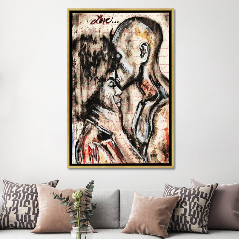 «Love Story» par l'artiste Ria - reproduction d'art, H 60 po x l 40po x P 1,5 po, Toile encadrée d'or, Aucun mat