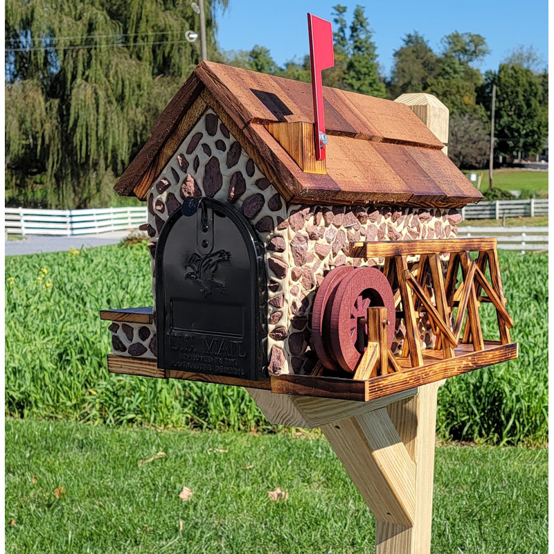Boîte aux lettres en pierre Amish, faite à la main, avec roue à aubes, style grange