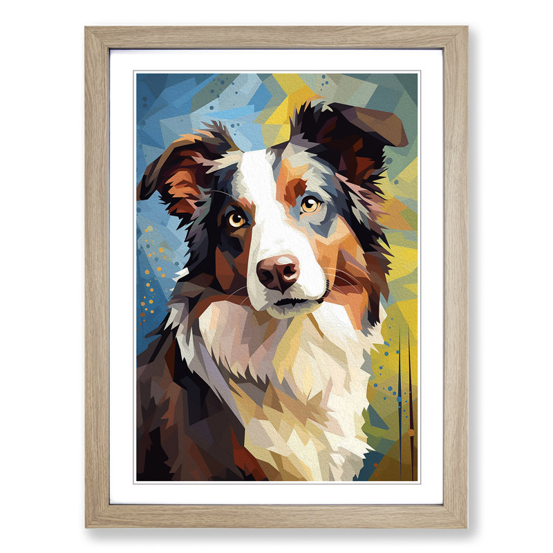 Border Collie Cubism - Framed Print, 46cm H x 34cm W x 2cm D, Oak Framed
