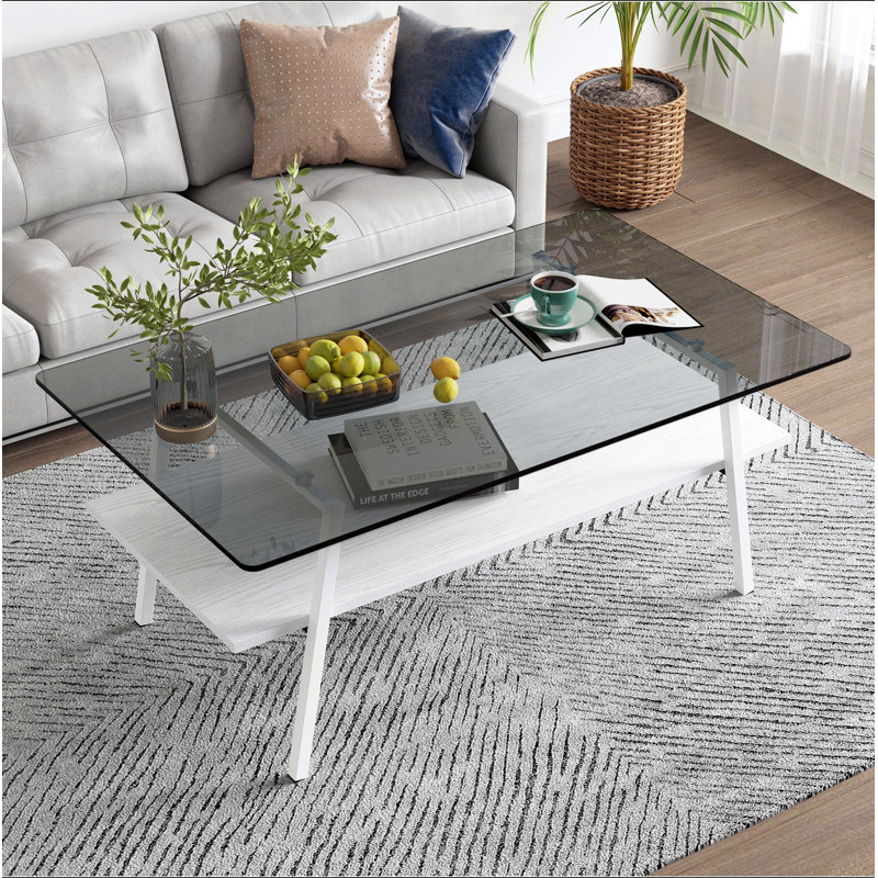 Table basse rectangulaire, plateau de table en verre trempé avec pieds en métal, table de salon moderne, Noir, Blanc