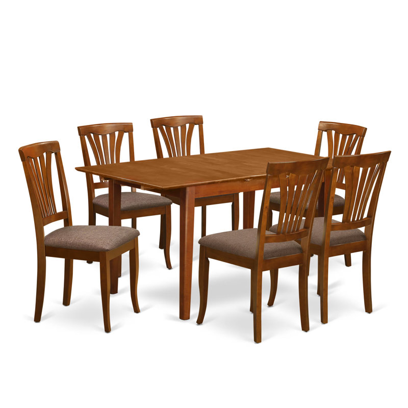 7 Piece Modern Dining Table Set Consist of a Rectangle Wooden Table with Butterfly Leaf and 6 Linen Fabric Upholstered Chairs, 32x60 Inch, Saddle Brown