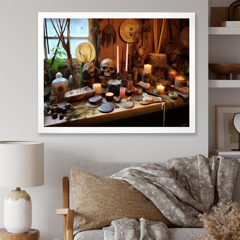 Autel chamanique avec objets sacrés - reproduction sur toile, H 16 po x l 32 po x P 1 po, Cadre simple blanc