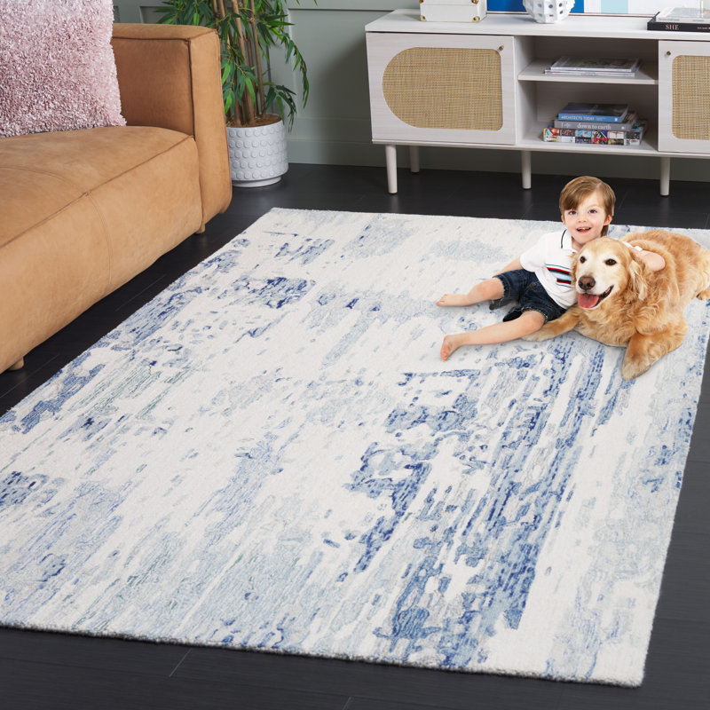 Jayma Hand Tufted Wool/Cotton Abstract Rug in Ivory/Blue, Rectangle 8' x 10'