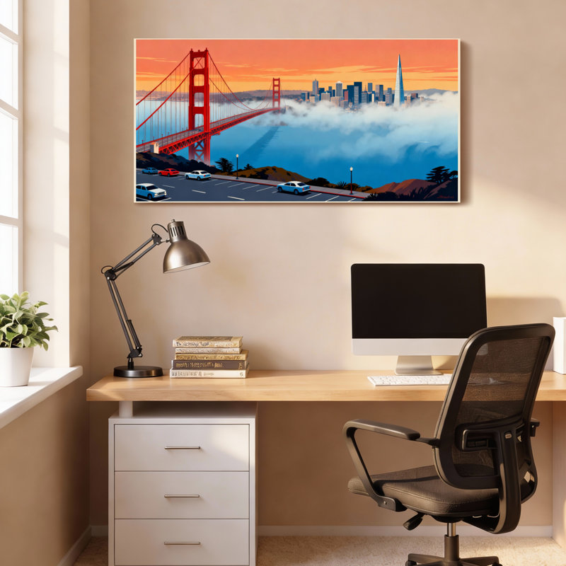 Ensemble de 1 tableau sur toile représentant le paysage urbain du pont Golden Gate à San Francisco, H 24 po x l 48 po