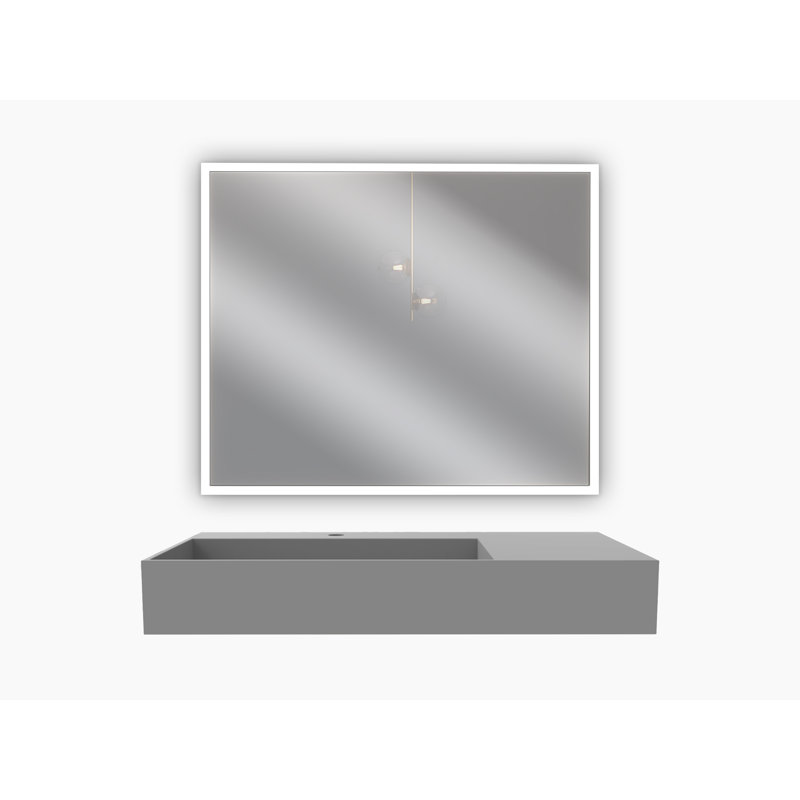 Juniper 36" Solid Surface Wall Mount Modern Minimalist Left Basin Bathroom Sink and LED Mirror Set, Gray