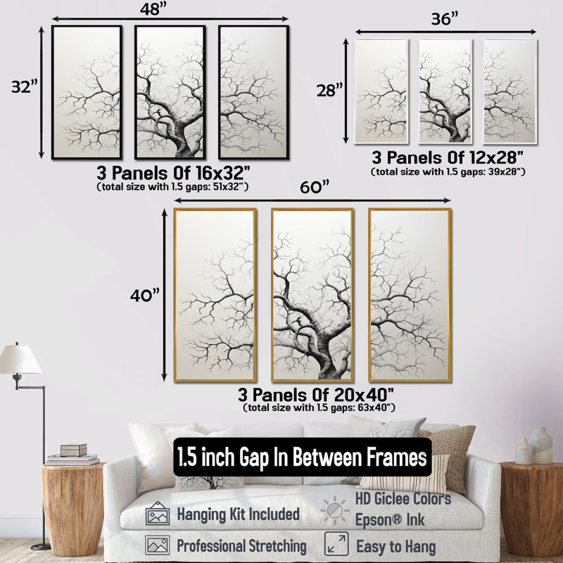 «Monocrhome Sycamore Tree Solitude II», ensemble d'art sur toile Sycamore, H 40 po x l 60 po x P 1 po, Cadre flottant blanc