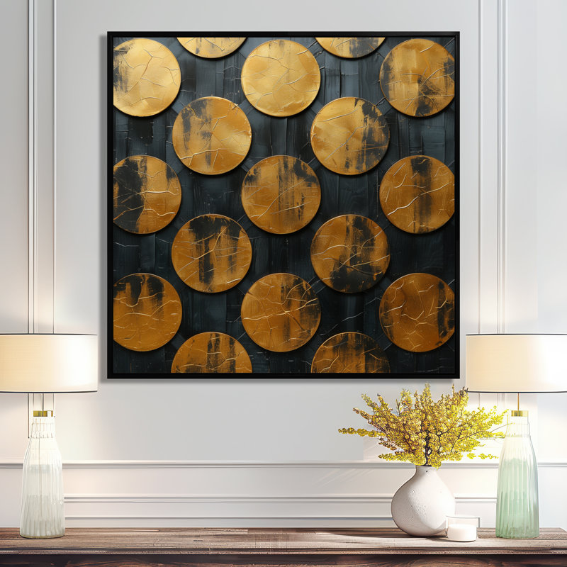 Or noir, sphère abstraite symétrie VI - reproduction d'art abstraite, H 36 po x l 36 po, Cadre flottant noir