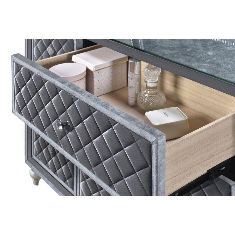 Ensemble de chambre à coucher de luxe à panneau tapissier avec tête de lit capitonnée en velours gris, 5 pièces, Grand lit