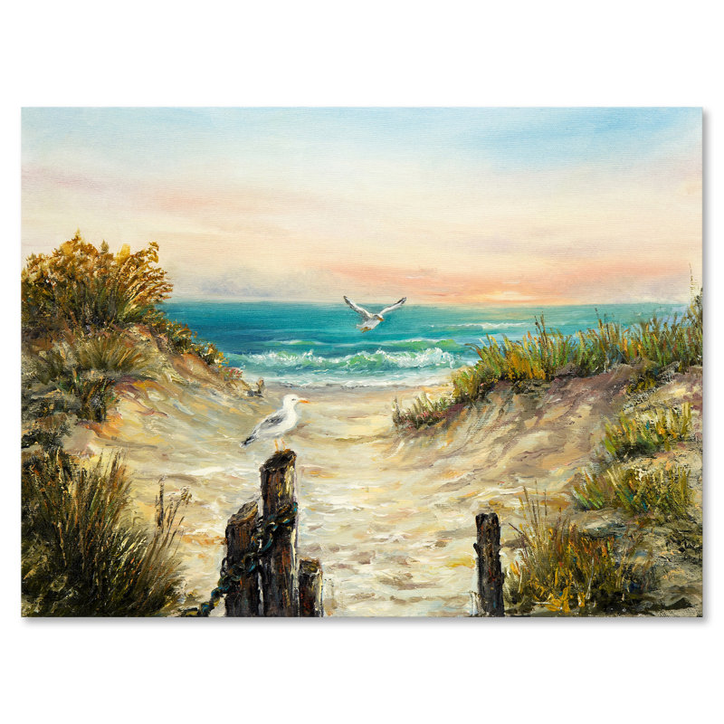 Dunes de l'océan pendant un coucher de soleil rose - peinture sur toile, H 12 po x l 20 po x p 1 po, Toile tendue