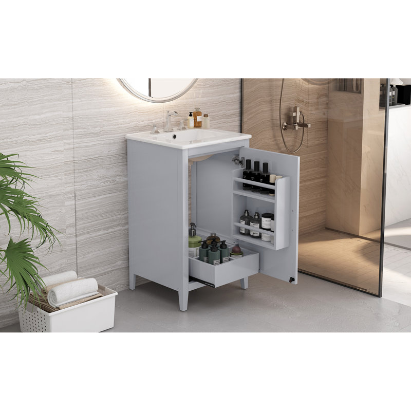 Meuble-lavabo de 20,3 po avec lavabo, tiroir fonctionnel, tablette de porte, porte à fermeture en douceur, Gris
