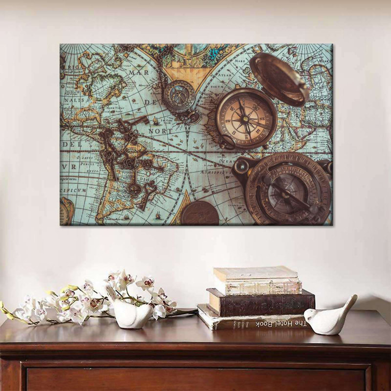 Carte de pirate antique sur toile, H 30 po x l 45 po x P 1,25 po
