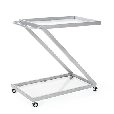 Fashionable Silver Bar Cart With Lockable Wheels And Tempered Glass Shelving Cool Shatterproof Iron Base, 18.33Inw,