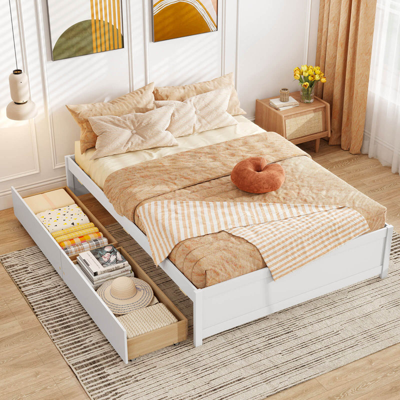Full Size Wooden Platform Bed with 2 Rolling Storage Drawers Wood Slat Support, White