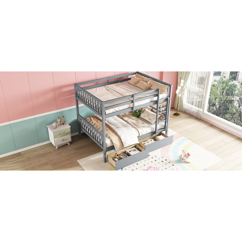 Lit superposé en bois d'hévéa gris avec 2 tiroirs et rangement pour garde-corps, Gris