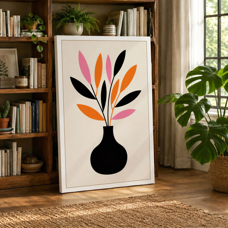 Vase with Radiating Leaves Mid-Century 1 Piece Wrapped Canvas Wall Art, 30x20 - 76.2 x 50.8 cm, Sage Border