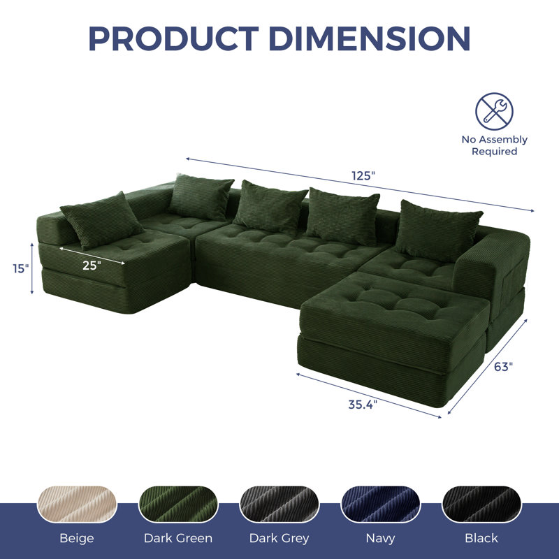 Canapé modulaire en forme de U Boneless, H 15 po x l 125 po x P 63 po, Velours côtelé vert