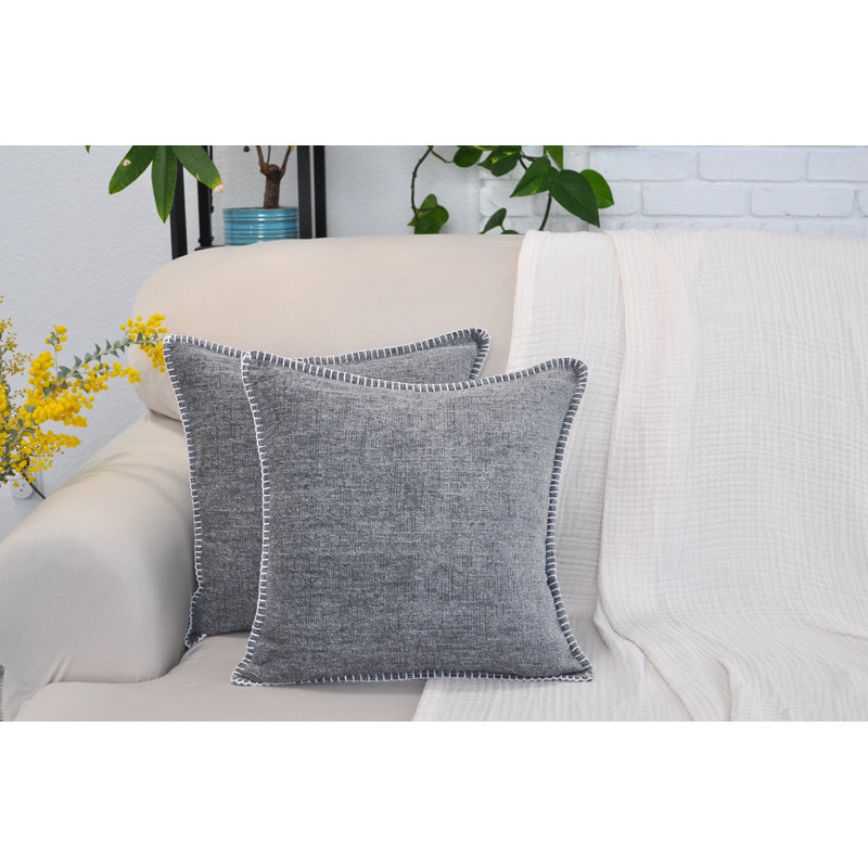 Heather Gray Chenille 16" x 16" Throw Pillow Covers with Stitched Edge (Set of 2)