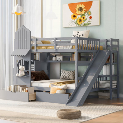 Castle Style Bunk Bed With 2 Drawers 3 Shelves And Slide