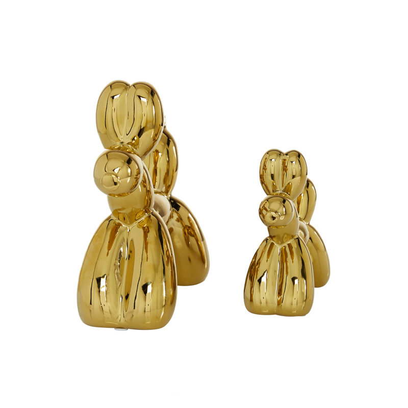 Gold Glossy Finish On Ceramic Balloon Dog Sculptures, Set Of 2: 7", 9"