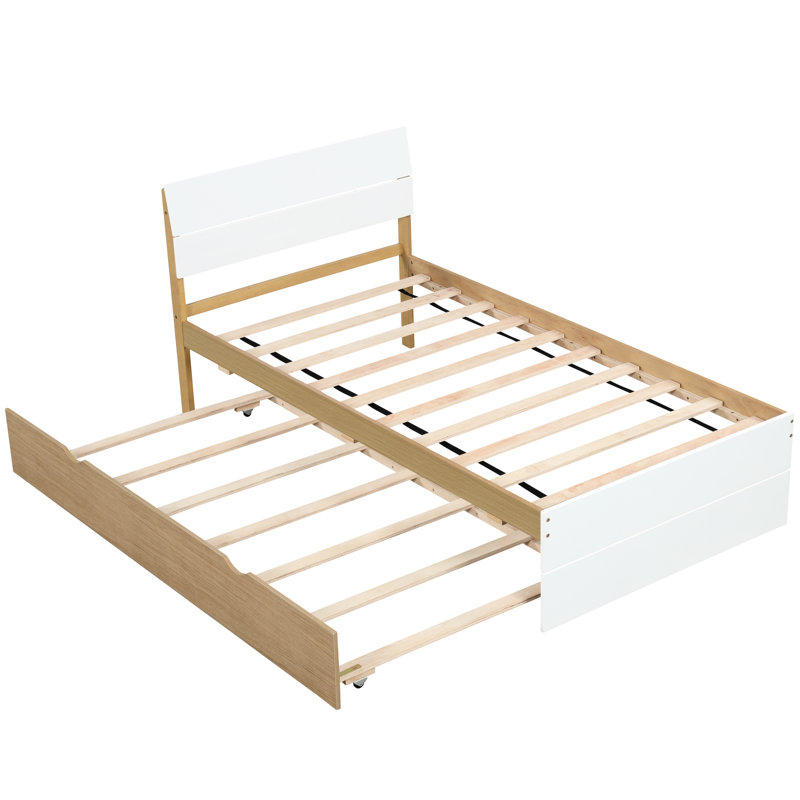 Lit simple contemporain avec tête de lit blanche ultrabrillante et cadre de lit gigogne en chêne, White/Light Oak