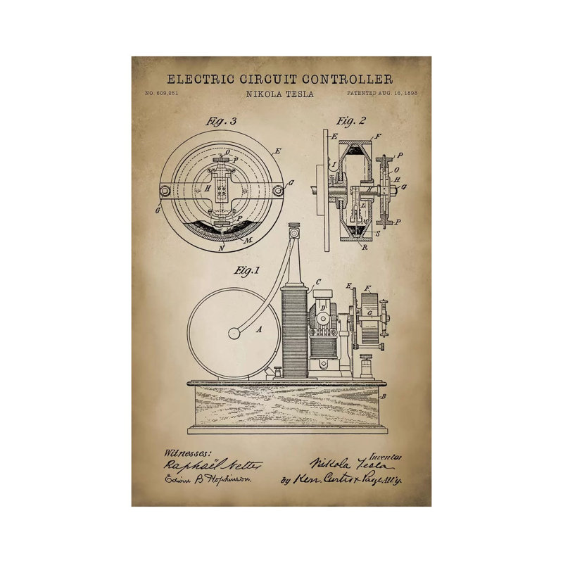 Tesla Electric Circuit Controller, Beige by PatentPrintStore - Wrapped Canvas Gallery-Wrapped Canvas Giclée