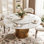 59" Round Snow Mountain Stone Dining Table with Gold Metal Base and Lazy Susan