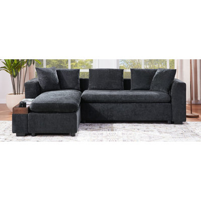 Luxueux canapé modulaire rembourré en L en chenille avec rangement en bois, parfait pour les salons modernes et les espaces de divertissement.