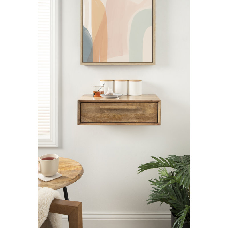 Natural Mango Wood Floating Wall Shelf with Drawer
