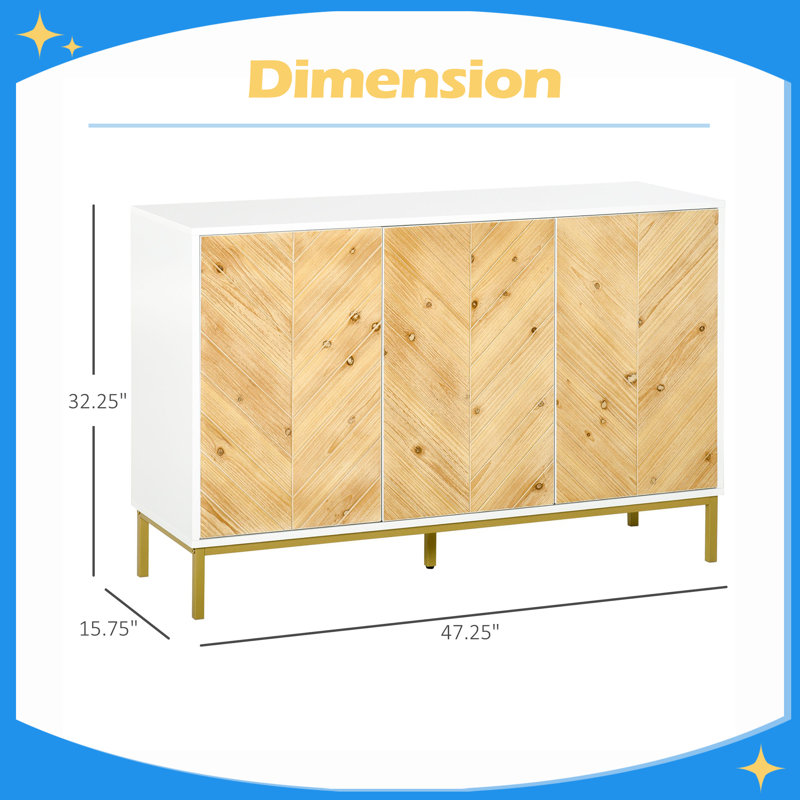 Buffet à 3 portes, armoire à café avec motif à chevrons, tablette réglable et pieds en métal