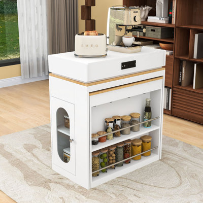 Multi-Functional Extendable Kitchen Island with Wheels, Hidden Storage and Built-In Charging Station